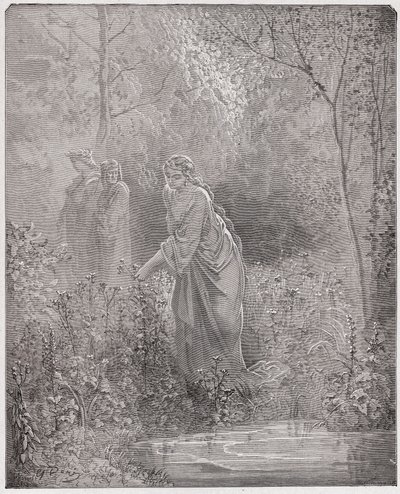 La Divina Comedia (La Divina Commedia, La Divine Comedie), Purgatorio, Canto 27: El sueño de Dante sobre Lea en el prado - por Dante Alighieri (1265-1321) - Ilustración de Gustave Doré (1832-1883) de Gustave Dore