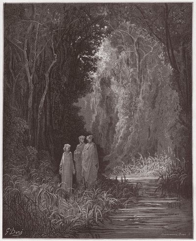 La Divina Comedia, Purgatorio, Canto 28: Dante, Virgilio y Estacio en el antiguo bosque del paraíso terrenal - por Dante Alighieri (1265-1321) - Ilustración de Gustave Doré (1832-1883). de Gustave Dore