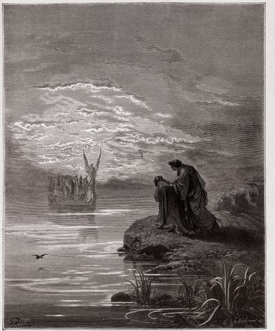 La Divina Comedia, Purgatorio, Canto 2: Dante se inclina ante el ángel piloto - por Dante Alighieri (1265-1321) - Ilustración de Gustave Doré (1832-1883) de Gustave Dore