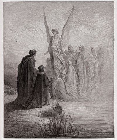 La Divina Comedia, Purgatorio, Canto 2: El piloto celestial aterriza el barco - Ilustración de Gustave Doré de Gustave Dore