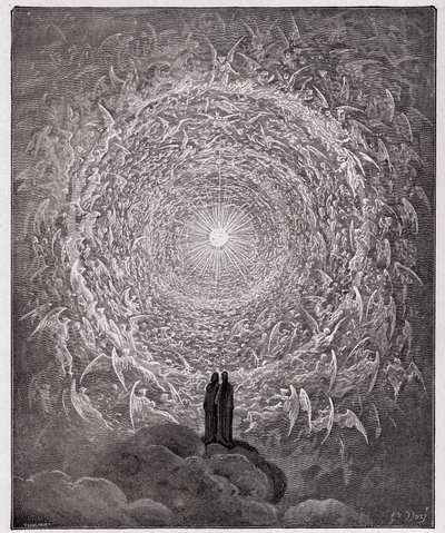 La Divina Comedia, Paraíso, Canto 31: La multitud santa forma una rosa en el empíreo (rosa celeste) - por Dante Alighieri (1265-1321) de Gustave Dore