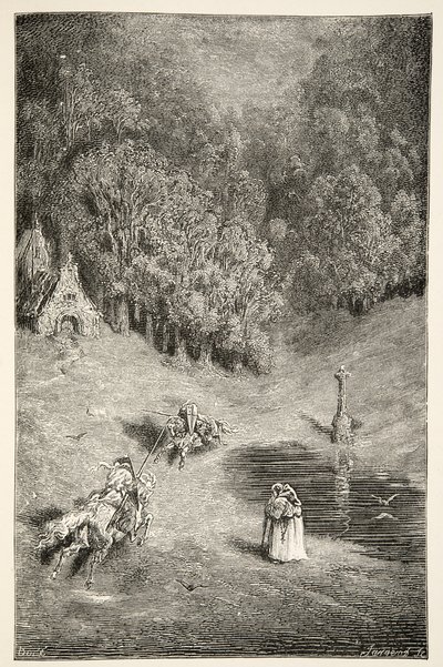 El encuentro entre Arturo y Pellinore, de Historias de los Días del Rey Arturo por Charles Henry Hanson, pub.1898 de Gustave Dore