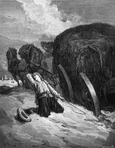 Las "Fábulas de Jean La Fontaine" : el "chartier embourbe" (carretero atascado en el barro), grabado de Paul Jonnard-Pacel según Gustave Dore de Gustave Dore