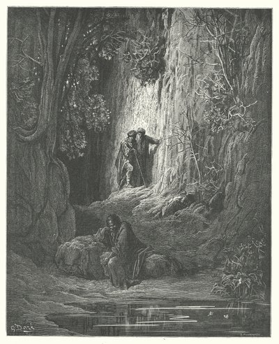 Las Fábulas de La Fontaine: El árbitro, el limosnero y el ermitaño (grabado) de Gustave Dore