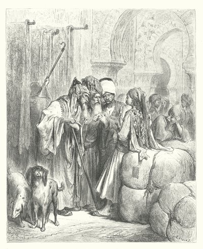 Las Fábulas de La Fontaine: El Bashaw y el Mercader (grabado) de Gustave Dore