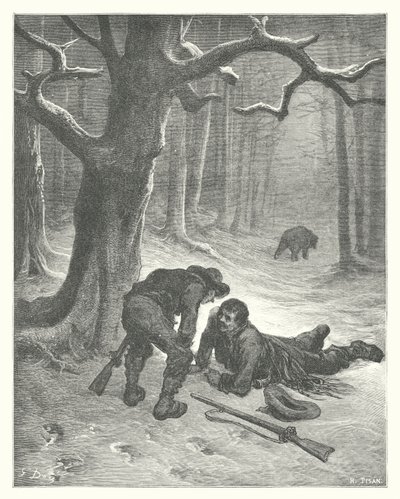 Las Fábulas de La Fontaine: El oso y los dos amigos (grabado) de Gustave Dore