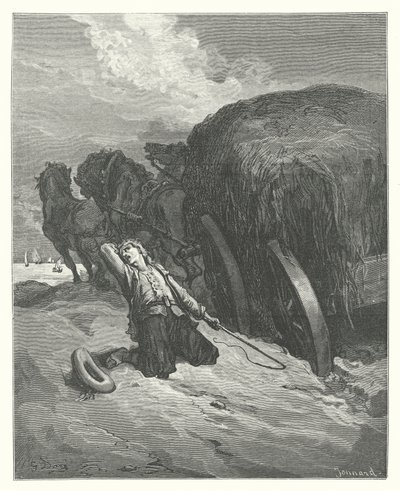 Las Fábulas de La Fontaine: El cartero atascado en el barro (grabado) de Gustave Dore