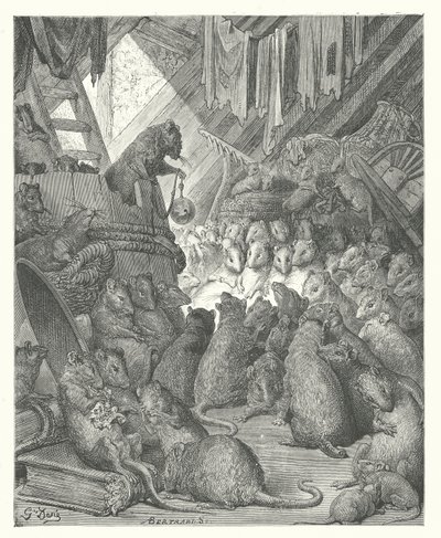 Las Fábulas de La Fontaine: El Consejo de las Ratas (grabado) de Gustave Dore