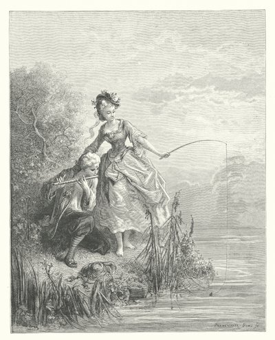 Las Fábulas de La Fontaine: El pez y el pastor que tocaba el clarinete (grabado) de Gustave Dore