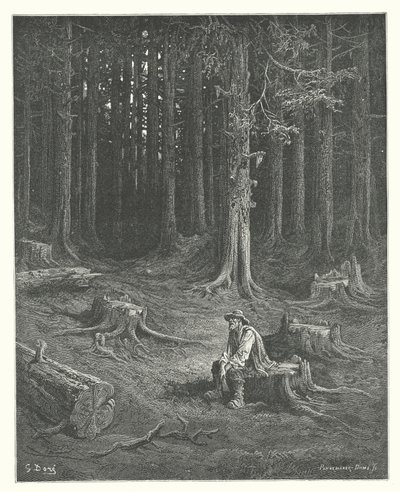 Las Fábulas de La Fontaine: El bosque y el leñador (grabado) de Gustave Dore