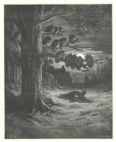 Las Fábulas de La Fontaine: La zorra y los pavos (grabado) de Gustave Dore