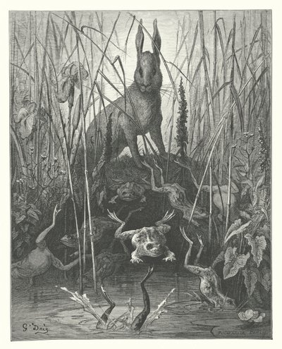 Las Fábulas de La Fontaine: La liebre y las ranas (grabado) de Gustave Dore
