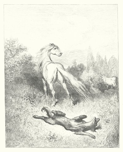 Las Fábulas de La Fontaine: El caballo y el lobo (grabado) de Gustave Dore