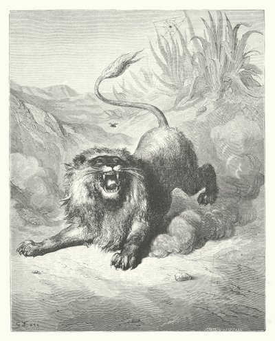 Las Fábulas de La Fontaine: El león y el mosquito (grabado) de Gustave Dore