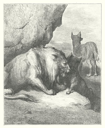 Las Fábulas de La Fontaine: El león, el lobo y la zorra (grabado) de Gustave Dore