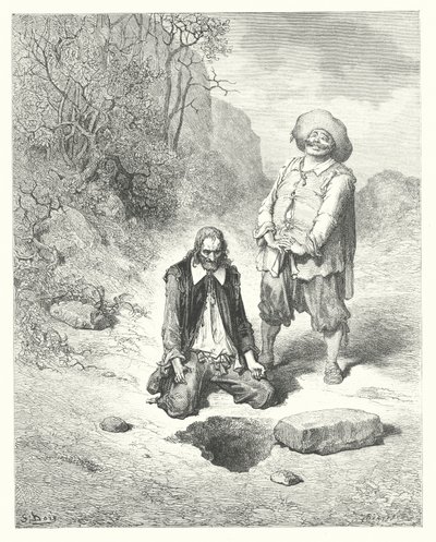 Las Fábulas de La Fontaine: El avaro que perdió su tesoro (grabado) de Gustave Dore