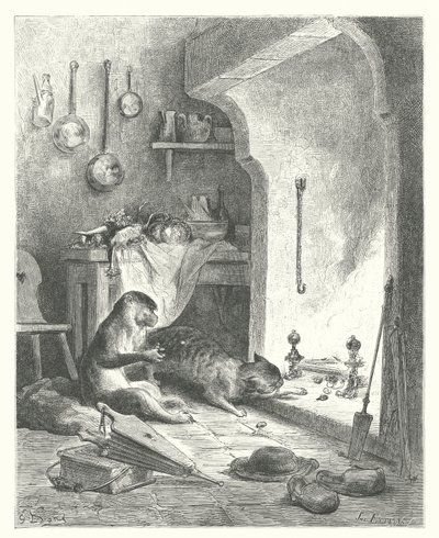 Las Fábulas de La Fontaine: El mono y el gato (grabado) de Gustave Dore