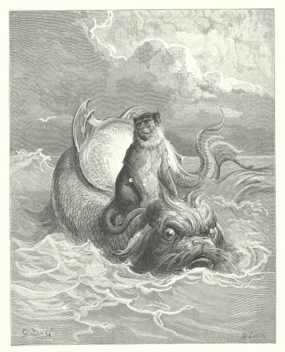 Las Fábulas de La Fontaine: El mono y el delfín (grabado) de Gustave Dore