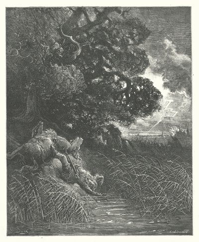 Las Fábulas de La Fontaine: El roble y la caña (grabado) de Gustave Dore