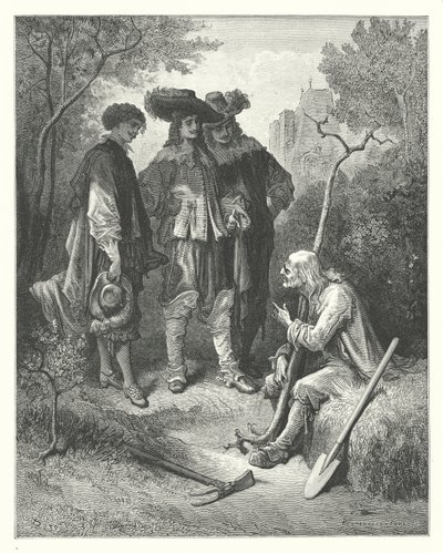 Las Fábulas de La Fontaine: El viejo y los tres jóvenes (grabado) de Gustave Dore