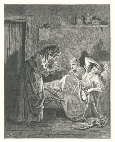 Las Fábulas de La Fontaine: La vieja y sus criados (grabado) de Gustave Dore