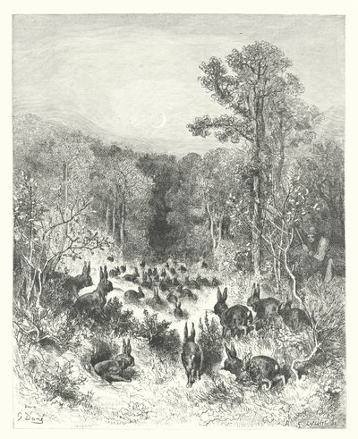 Las Fábulas de La Fontaine: Los conejos (grabado) de Gustave Dore