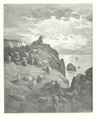 Las Fábulas de La Fontaine: El pastor y el mar (grabado) de Gustave Dore
