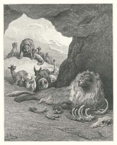 Las Fábulas de La Fontaine: El león enfermo y la zorra (grabado) de Gustave Dore