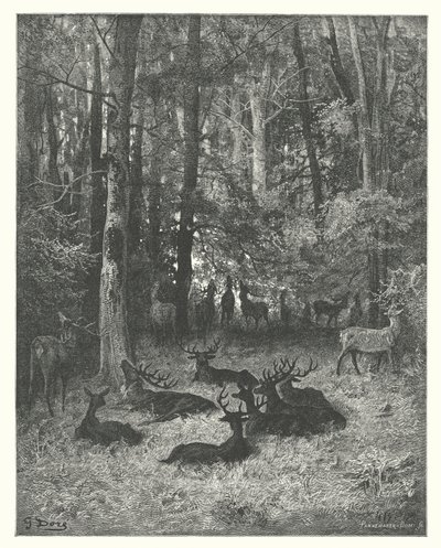 Las Fábulas de La Fontaine: El ciervo enfermo (grabado) de Gustave Dore