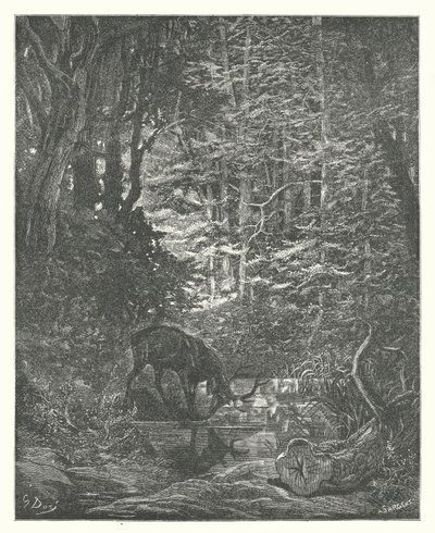 Las Fábulas de La Fontaine: El ciervo que se mira en el arroyo (grabado) de Gustave Dore