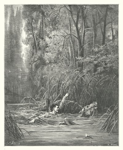 Las Fábulas de La Fontaine: El torrente y el río (grabado) de Gustave Dore