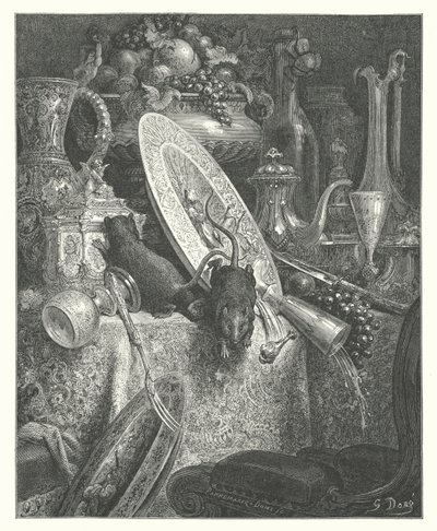 Las Fábulas de La Fontaine: La rata de ciudad y la rata de campo (grabado) de Gustave Dore