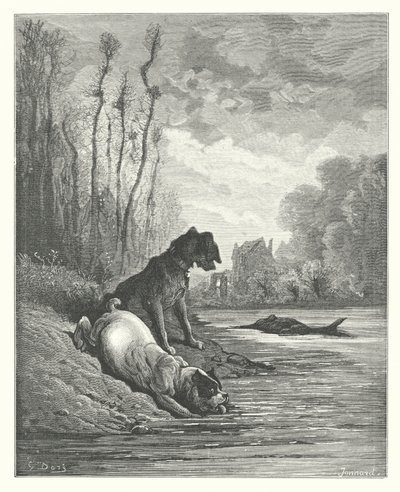 Las Fábulas de La Fontaine: Los dos perros y el asno muerto (grabado) de Gustave Dore