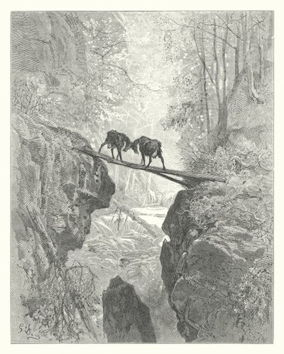 Las Fábulas de La Fontaine: Las dos cabras (grabado) de Gustave Dore