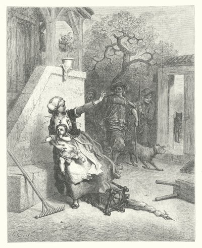 Las Fábulas de La Fontaine: El lobo, la madre y el niño (grabado) de Gustave Dore