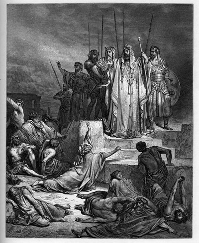 El hambre en Samaria - Antiguo Testamento: Asedio de Samaria. El rey de Siria asedia la ciudad de Samaria y la reduce a una hambruna terrible - grabado en "La Biblia ilustrada" por Gustave Doré - Grabado de "La Biblia de Doré" de Gustave Dore
