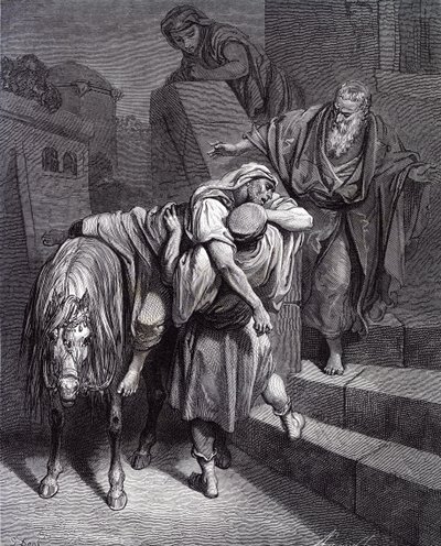El Buen Samaritano en la posada, por Doré. - Biblia de Gustave Dore