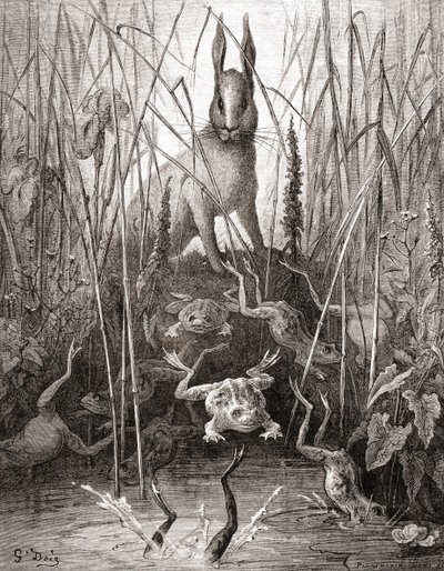 La Liebre y las Ranas, de una edición de finales del siglo XIX de Fábulas de La Fontaine de Gustave Dore