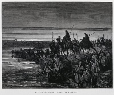 Las tribus hebreas entran en Canaán por el río Jordán, Ilustración de la Biblia de Dore de Gustave Dore