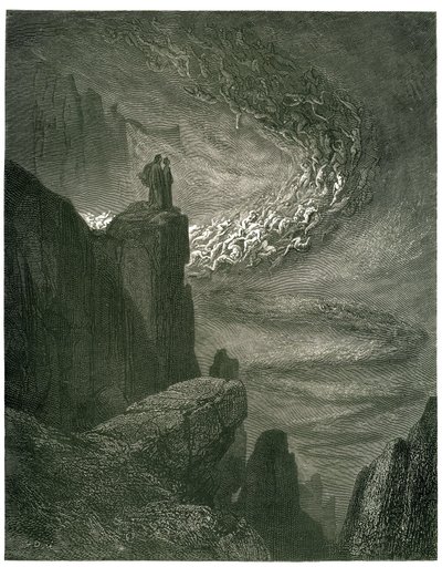 El Infierno de Dante Alighieri (la Divina Comedia) ilustrado por Gustave Dore. Edición francesa de 1861. "La bufera infernal, che mai non resta/Mena gli spirti con la sua rapina. (El huracán infernal, que nunca se detiene, atrae a los espíritus en su torbe de Gustave Dore