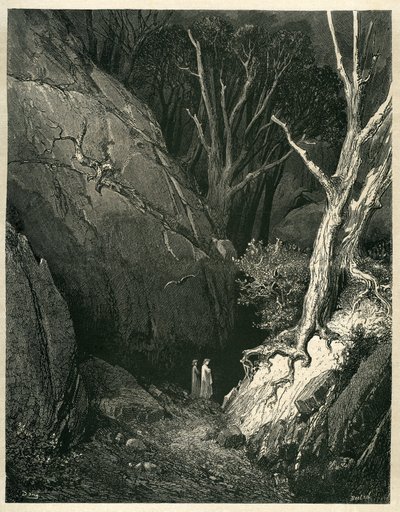 El Infierno de Dante Alighieri (la Divina Comedia) ilustrado por Gustave Dore. Edición francesa de 1861. "Allor si mosse, ed io gli tenni dietro. (Entonces se puso en marcha, y yo le seguí)", canto 1 v.136. de Gustave Dore