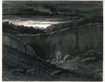 El Infierno de Dante Alighieri (la Divina Comedia) ilustrado por Gustave Dore. Edición francesa de 1861. Dante y Virgilio a la entrada del Infierno:" Lasciate ogni speranza, voi che 