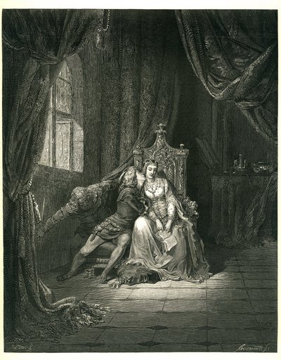 El Infierno de Dante Alighieri (la Divina Comedia) ilustrado por Gustave Dore. Edición francesa de 1861. Francesca da Rimini y su amante: "Quel giorno piu non vi leggemo avante. (Este día no leemos más)", canto 5. v. 138 de Gustave Dore