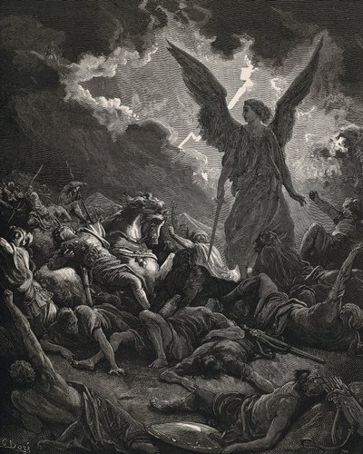 La Santa Biblia. 1866. SENAQUERIB (705-681 A.C.). Rey de Asiria (705-681 a.C.). Ángel de Yahvé del ejército de Senaquerib. Grabado de Gustave Dore