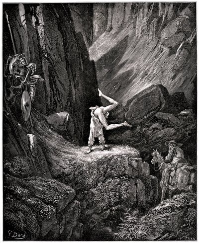 El Ingenioso Hidalgo Don Quijote de la Mancha (Quijote) de Miguel de Cervantes (1547-1616): el caballero hace hacer cabriolas a la triste figura "poniendo desnudas ciertas cosas que Sancho, por no verlas, se apresura a dar la vuelta, satisfecho de de Gustave Dore