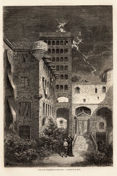 La prisión de la Inquisición en Barcelona, dibujo de Gustave Doré para ilustrar su viaje a España, con C. Davillier, en 1862. Grabado en 