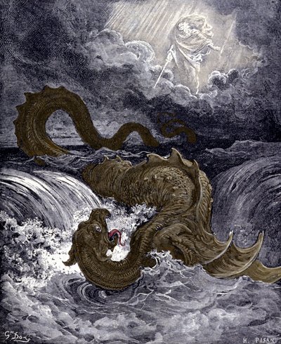 El Leviatán, monstruo marino que se asemeja a la serpiente marina mencionada en la Biblia. Ilustraciones de la Biblia por Gustave Doré. Grabado del siglo XIX. de Gustave Dore