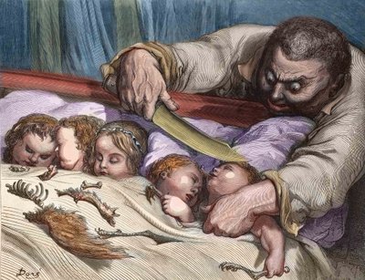 El Pulgarcito de Charles Perrault (escritor francés) El gigante cortó la garganta de sus hijas sin dudarlo (grabado) de Gustave Dore