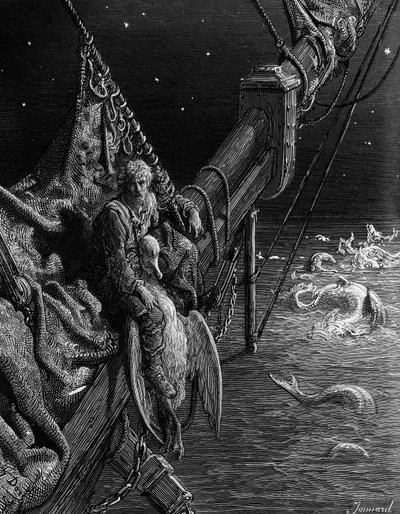 El marinero contempla las serpientes en el océano, escena de 