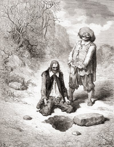 El Avaro que Perdió su Tesoro, de una edición de finales del siglo XIX de Fábulas de La Fontaine de Gustave Dore